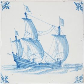 Antique Delft tile with a cargo boat under sail, 17th century