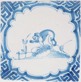 Antique Delft tile with a monkey, 17th century