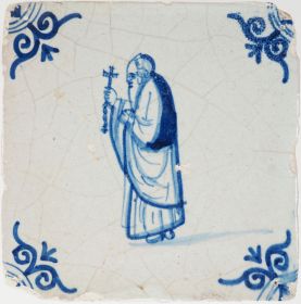 Antique Delft tile with a priest, 17th century