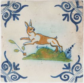 Antique Delft tile depicts a polychrome hare, 17th century