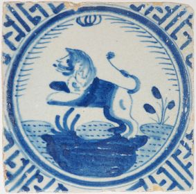 Antique Delft tile with a lion, 17th century