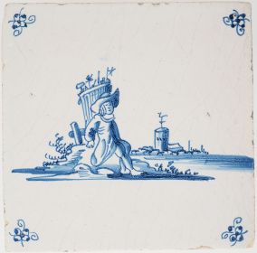 Antique Delft tile with a traveller, 18th century