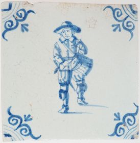 Antique Delft tile with a drummer (military), 17th century