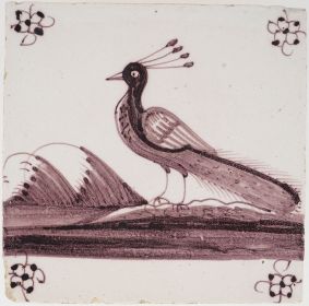 Antique Delft tile with a peacock, 18th century