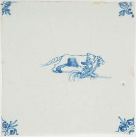 Antique Delft tile with a fox and rooster, 17th century