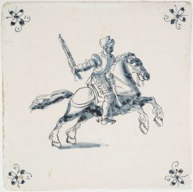 Antique Delft tile with a knight, 17th century