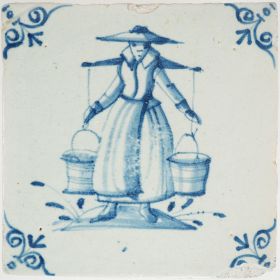 Antique Delft tile with a woman with yoke, 17th century