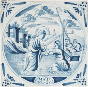 Antique Delft tile with Jesus walking on water, 18th century