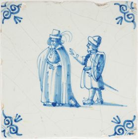 Antique Delft tile with a king and guard, 17th century