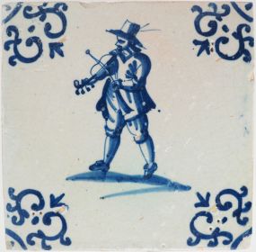 Antique Delft tile with a violinist, 17th century