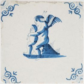 Antique Delft tile with a Cupid playing the bagpipe, 17th century
