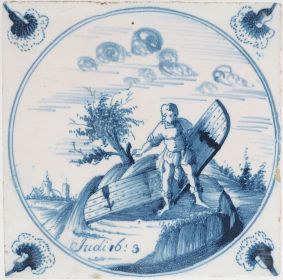 Antique Delft tile with Samson carrying the gates of Gaza, 18th century