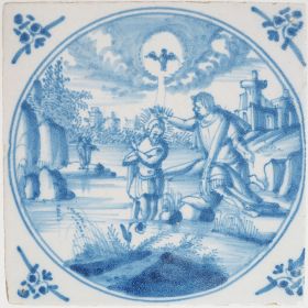 Antique Delft tile with Baptism of Jesus, 18th century