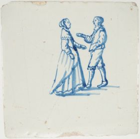 Antique Delft tile with a gentleman and lady, 17th century