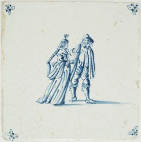 Antique Delft tile with an important high society couple, 17th century