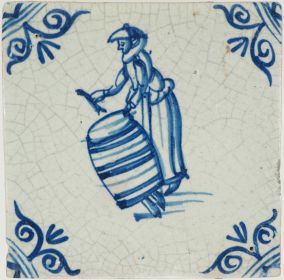 Antique Delft tile with a woman buying or selling fish, 17th century