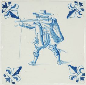 Antique Delft tile with a musketeer, 17th century