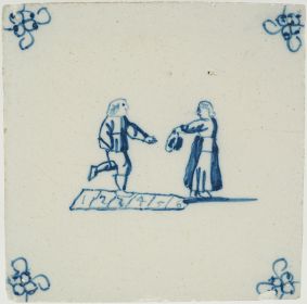 Antique Delft tile with a game of hopscotch, 18th century