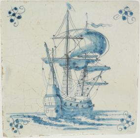 Antique Delft tile with a warship, 17th century
