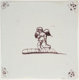 Antique Delft tile with a Cupid playing child's game, 17th century
