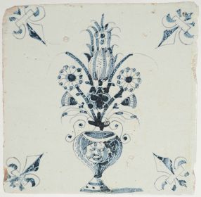 Antique Delft tile with a flower vase, 17th century 