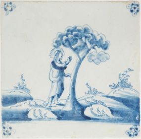 Antique Delft tile depicting Jesus curses a fig tree, 17th century