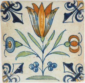 Antique Delft tile with a tulip hearth, 17th century