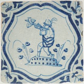 Antique Delft tile with a man with crossbow, 17th century