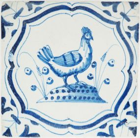 Antique Delft tile with a rooster, 17th century