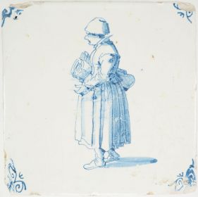 Antique Delft tile with a woman carrying goods, 17th century 