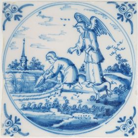 Antique Delft tile depicting Tobit catching a large fish, 18th century