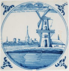 Antique Delft tile with a windmill, 18th century