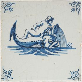 Antique Delft tile with a putti on a dolphin, 17th century
