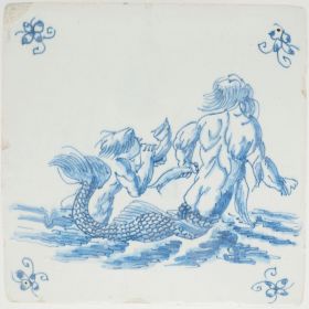 Antique Delft tile with a merman and Putti, 17th century