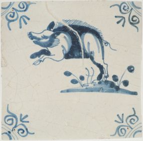 Antique Delft tile with a swine, 17th century