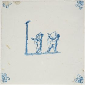 Antique Delft tile with two children practice shooting, 17th century