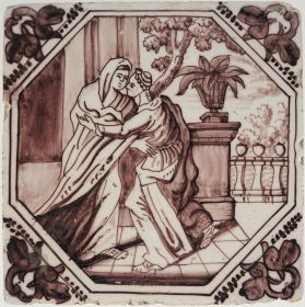 Antique Delft Biblical tile depicting Mary visiting Elizabeth, 18th century