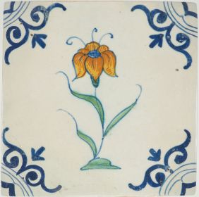 Antique Delft tile with a polychrome flower, 17th century