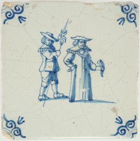 Antique Delft tile with a king and his guard, 17th century 