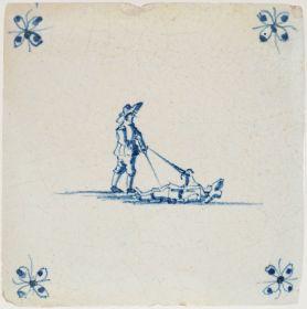 Antique Delft tile with two men duelling, 17th century