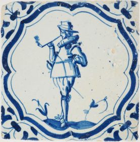 Antique Delft tile with a pipe smoker, 17th century