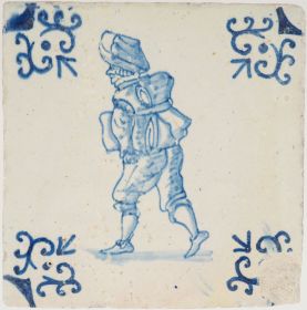 Antique Delft tile with a peddler selling blankets, 17th century