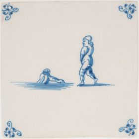 Antique Delft tile with two people skinny dipping, 18th century