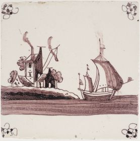 Antique Delft tile with a harbour scene, 19th century
