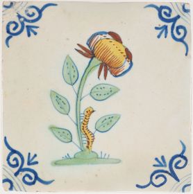Antique Delft tile with a caterpillar, 17th century