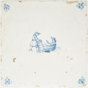 Antique Delft tile with a man skating behind a sledge, 17th century