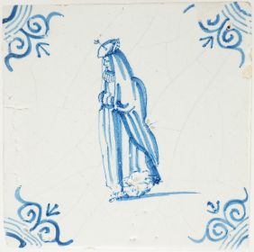Antique Delft tile with a lady wearing a huik, 17th century