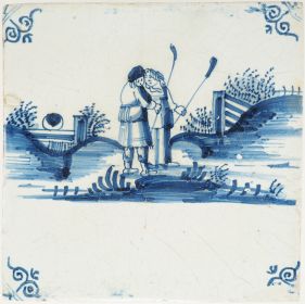 Antique Delft tile with two shepherds, 17th century