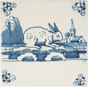 Antique Delft tile with a hare in blue, 18th century
