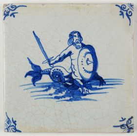 Antique Delft tile with a merman wielding a sword, 17th century